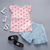 Girls 2-piece Suit T-shirt Shorts Cherry Printed Round Neck Ruffled Sleeves