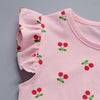 Girls 2-piece Suit T-shirt Shorts Cherry Printed Round Neck Ruffled Sleeves