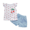 Girls 2-piece Suit T-shirt Shorts Cherry Printed Round Neck Ruffled Sleeves