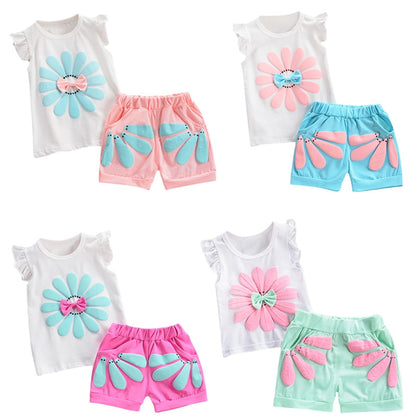 Girls 2-piece Suit T-shirt Shorts Floral Bow Round Neck Ruffled Sleeve