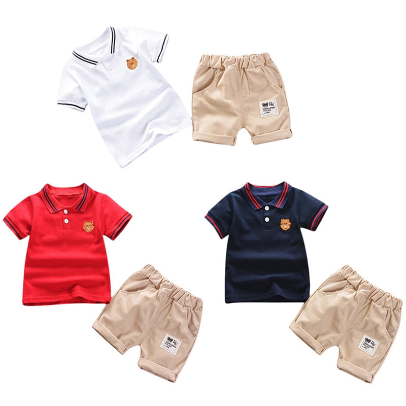 Boys 2-piece Suit T-shirt Shorts Turn-down Collar Short Sleeves Pockets