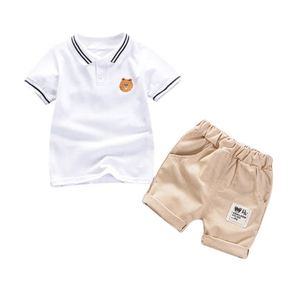 Boys 2-piece Suit T-shirt Shorts Turn-down Collar Short Sleeves Pockets