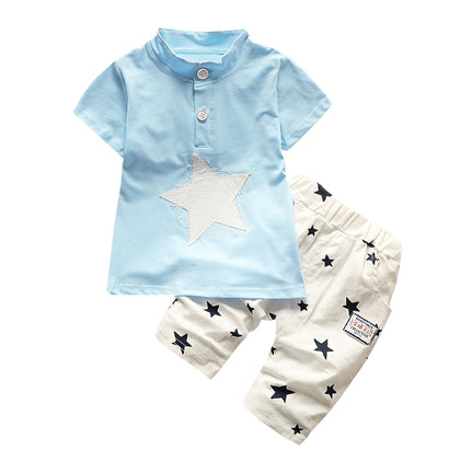 Boys 2-piece Suit T-shirt Shorts Star Button Stand Collar Short Sleeves