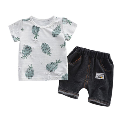 Boys 2-piece Suit T-shirt Shorts Pockets Hollow Turtle print Round Neck Short Sleeves