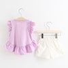 Girls 2-piece Suit T-shirt Shorts Ruffle Splice Round Neck Short Sleeves