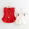 Girls 2-piece Suit T-shirt Shorts Ruffle Splice Round Neck Short Sleeves