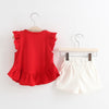 Girls 2-piece Suit T-shirt Shorts Ruffle Splice Round Neck Short Sleeves