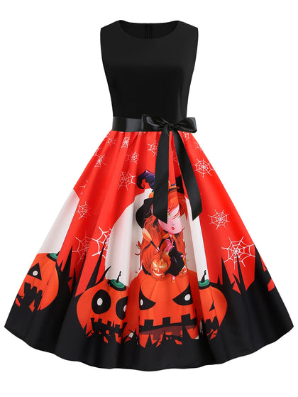 Halloween Pumpkin Spider Web Print Belted Dress