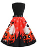 Halloween Pumpkin Spider Web Print Belted Dress