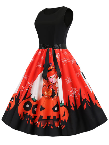 Halloween Pumpkin Spider Web Print Belted Dress