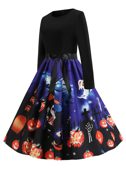 Halloween Pumpkin Black Cat Print Party Dress