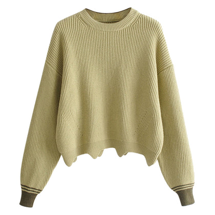 Women Pullover Knit Sweater Loose-fitting Style Wave Hemline Round Collar Long Sleeve