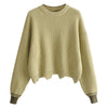 Women Pullover Knit Sweater Loose-fitting Style Wave Hemline Round Collar Long Sleeve