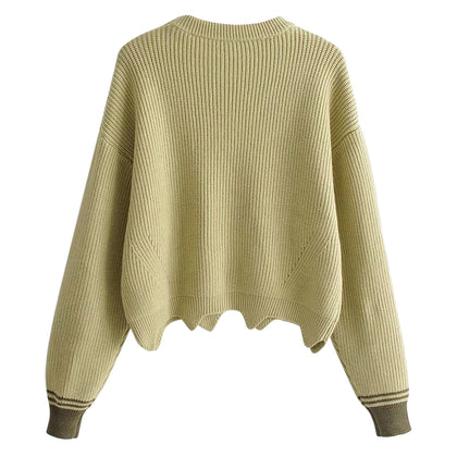 Women Pullover Knit Sweater Loose-fitting Style Wave Hemline Round Collar Long Sleeve