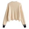 Women Pullover Knit Sweater Loose-fitting Style Wave Hemline Round Collar Long Sleeve