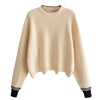 Women Pullover Knit Sweater Loose-fitting Style Wave Hemline Round Collar Long Sleeve