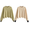 Women Pullover Knit Sweater Loose-fitting Style Wave Hemline Round Collar Long Sleeve