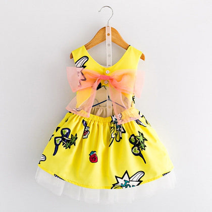 Bowknot Mesh Cut Out Girl Dress Round Collar Sleeveless Pattern Children Garment