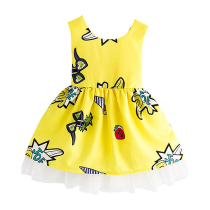 Bowknot Mesh Cut Out Girl Dress Round Collar Sleeveless Pattern Children Garment