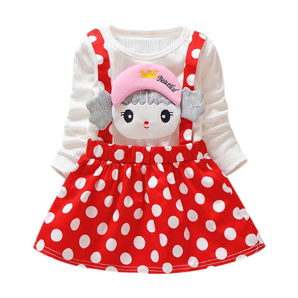 Polka Dot Girl Dress Round Collar Long Sleeve Cartoon Pattern Cotton Children Garment