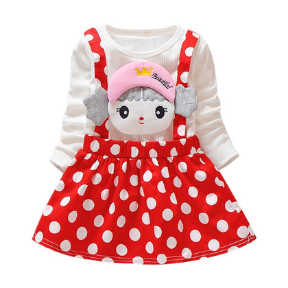 Polka Dot Girl Dress Round Collar Long Sleeve Cartoon Pattern Cotton Children Garment