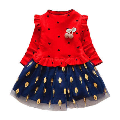 Ruffle Leaf Print Girl Dress Stand Collar Long Sleeve Heart Print Mesh Children Garment
