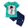 Round Collar Short Sleeve Cartoon Print Summer Kid Two-piece Suit