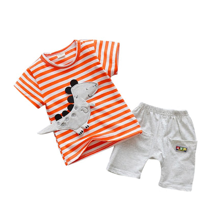 Stripe Print Cartoon Round Collar Short Sleeve Summer Kid Two-piece Suit