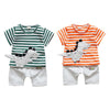 Stripe Print Cartoon Round Collar Short Sleeve Summer Kid Two-piece Suit