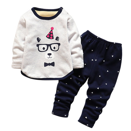 Fleece Kid Two-piece Suit Round Collar Long Sleeve Cartoon Print Children Garment