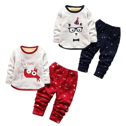 Fleece Kid Two-piece Suit Round Collar Long Sleeve Cartoon Print Children Garment