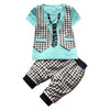 Round Collar Short Sleeve Plaid Necktie Print Summer Kid Two-piece Suit