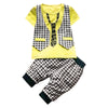 Round Collar Short Sleeve Plaid Necktie Print Summer Kid Two-piece Suit