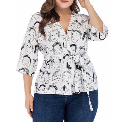 Plus Size Head Print Drop Shoulder Wrap Blouse