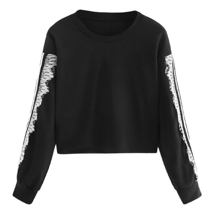 Women Pullover Lace Splice Round Collar Long Sleeve Tightened Cuff