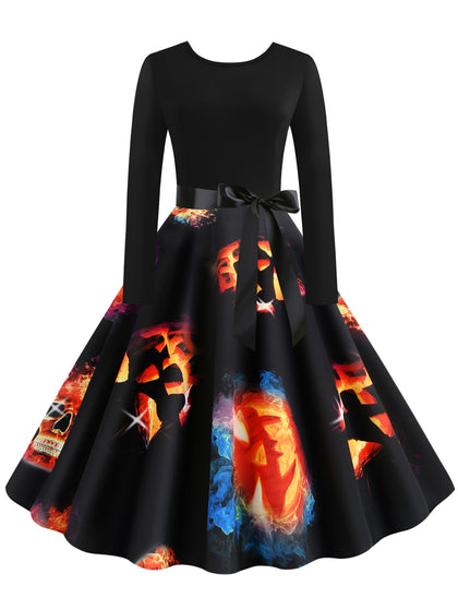 Halloween Pumpkin Print Long Sleeves Dress