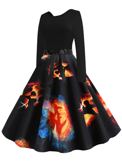 Halloween Pumpkin Print Long Sleeves Dress