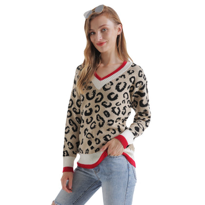 V-neck Leopard Print Sweater Color Blocking Women Pullover