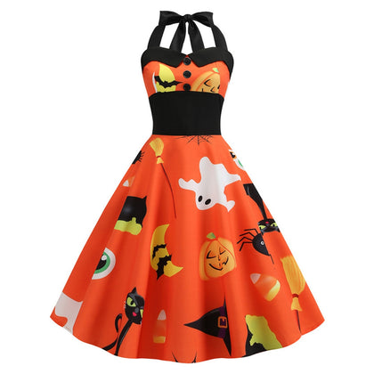 Pumpkin Ghost Buttons Halloween Halter Dress