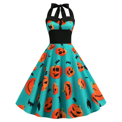 Pumpkin Ghost Buttons Halloween Halter Dress