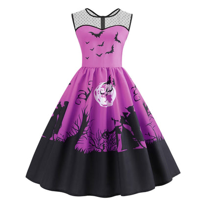 Mesh Panel Bat Print Sleeveless Halloween Dress