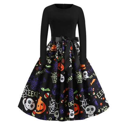 Pumpkin Skull Spiders Belted Long Sleeves Halloween Dress