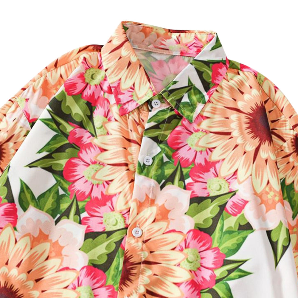 Men Shirt Sunflower Print Long Sleeve Turn-down Collar Button Closure Design