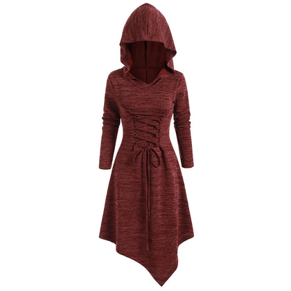 Lace Up Cut Out Asymmetric Hooded Dress