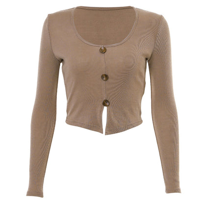 Single-breasted Pullover Solid Color Round Neck Long Sleeve Women Crop Top