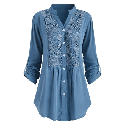 Plus Size Lace Crochet  Roll Up Sleeve Shirt