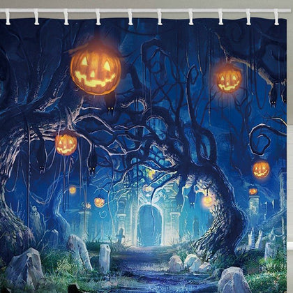 Halloween Cemetery Pumpkin Tree Print Waterproof Bathroom Shower Curtain