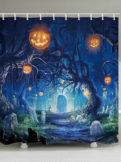 Halloween Cemetery Pumpkin Tree Print Waterproof Bathroom Shower Curtain