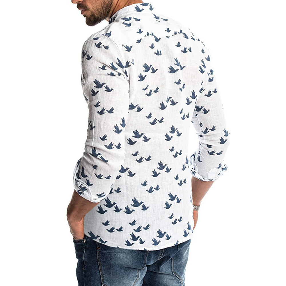 Bird Figure Allover Print Long Sleeve Casual Shirt