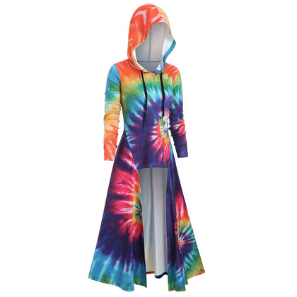 Hooded Spiral Tie Dye Print Maxi Top